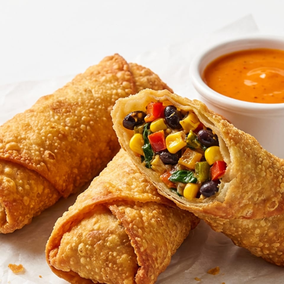 Crispy golden-brown egg rolls, one cut open to show a colorful black bean and corn filling, with dipping sauce.