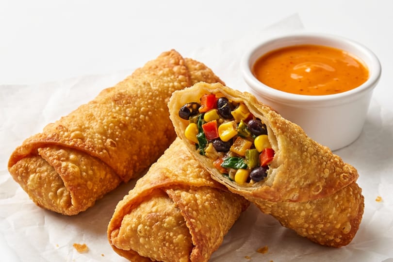 Crispy golden-brown egg rolls, one cut open to show a colorful black bean and corn filling, with dipping sauce.