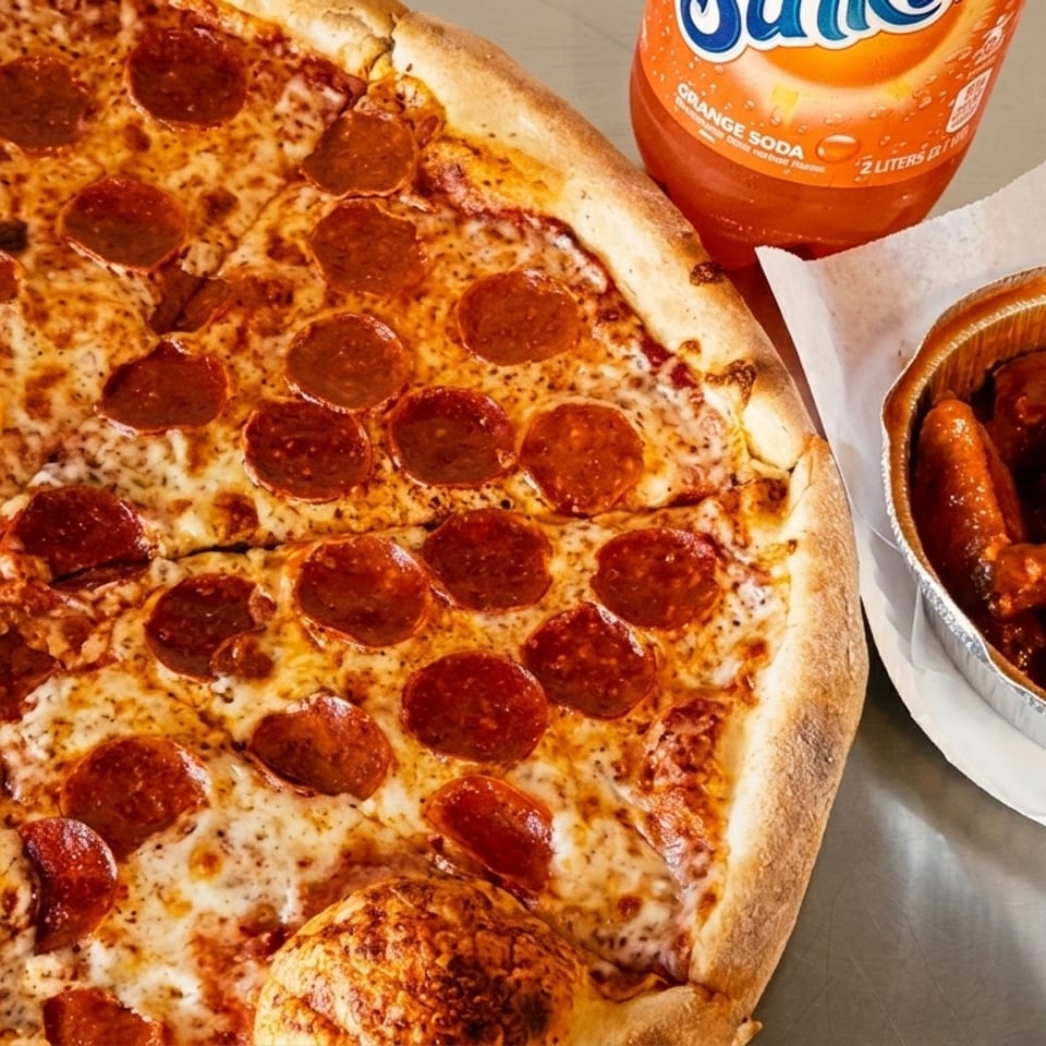 Pepperoni pizza, a container of buffalo wings, and an orange soda on a metal surface.