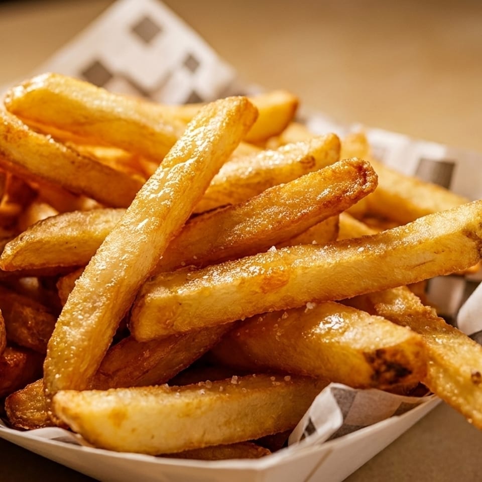 A close-up of golden, crispy french fries with salt, served in a checkered paper tray.
