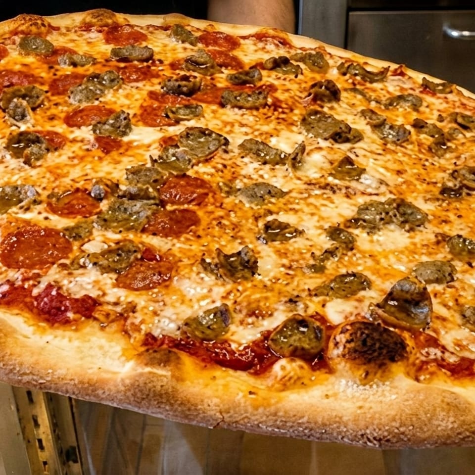 A large, freshly baked pizza with pepperoni and sausage toppings, held by a person.