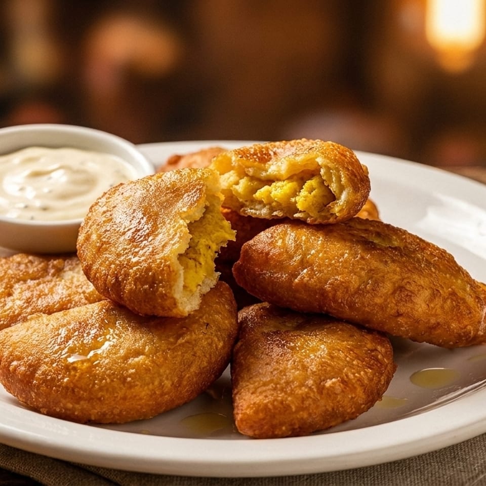 Golden-brown fried empanadas, one broken open to show a yellow filling, with a side of dipping sauce.
