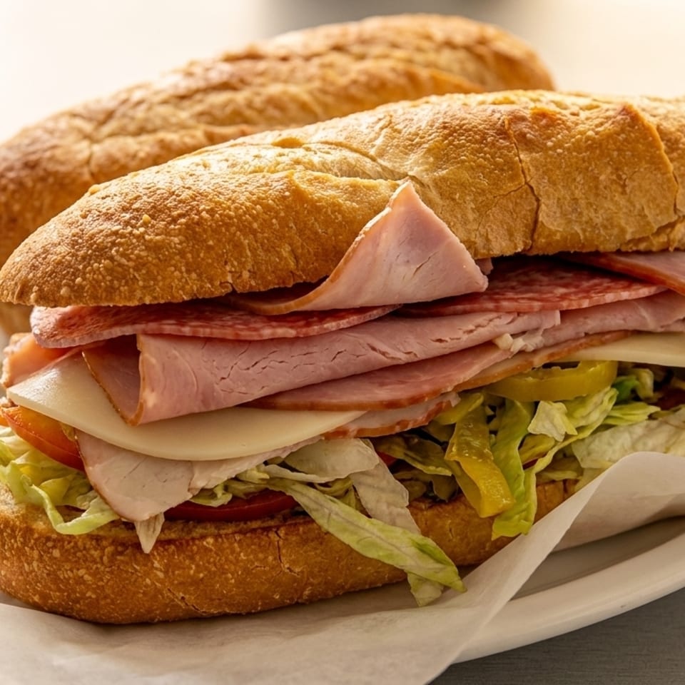 Two large deli sandwiches with various meats, cheese, lettuce, tomatoes, and peppers on a white plate.