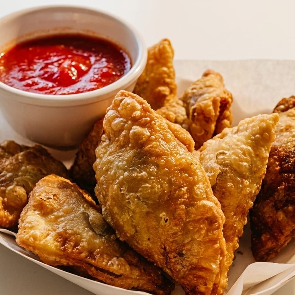 Golden-brown fried empanadas with a side of red dipping sauce in a white paper tray.