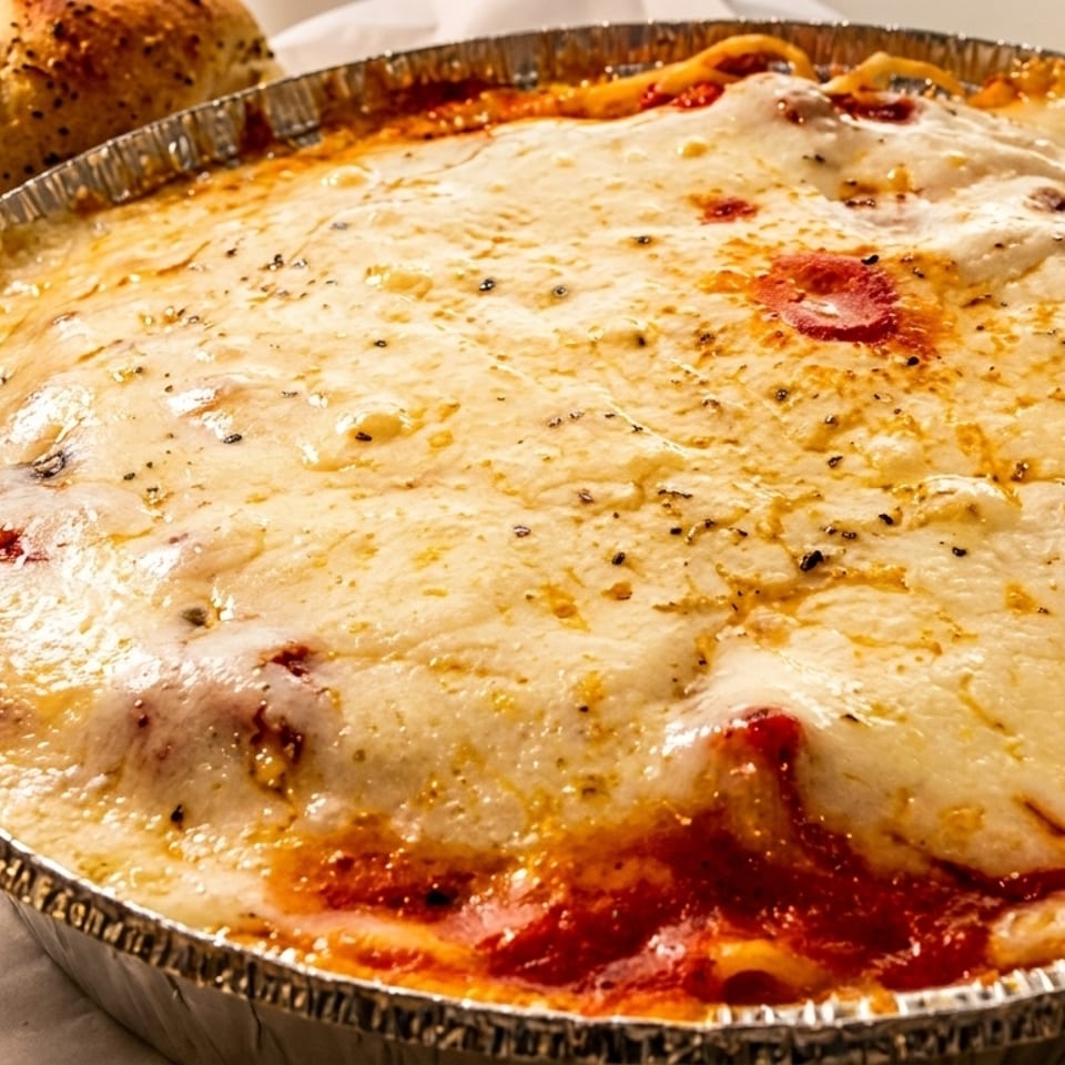 Baked spaghetti with melted cheese and red sauce in a foil pan, with a side of garlic bread.