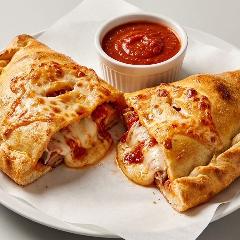 Two golden-brown calzones, one sliced open revealing melted cheese and sauce, with a side of marinara.