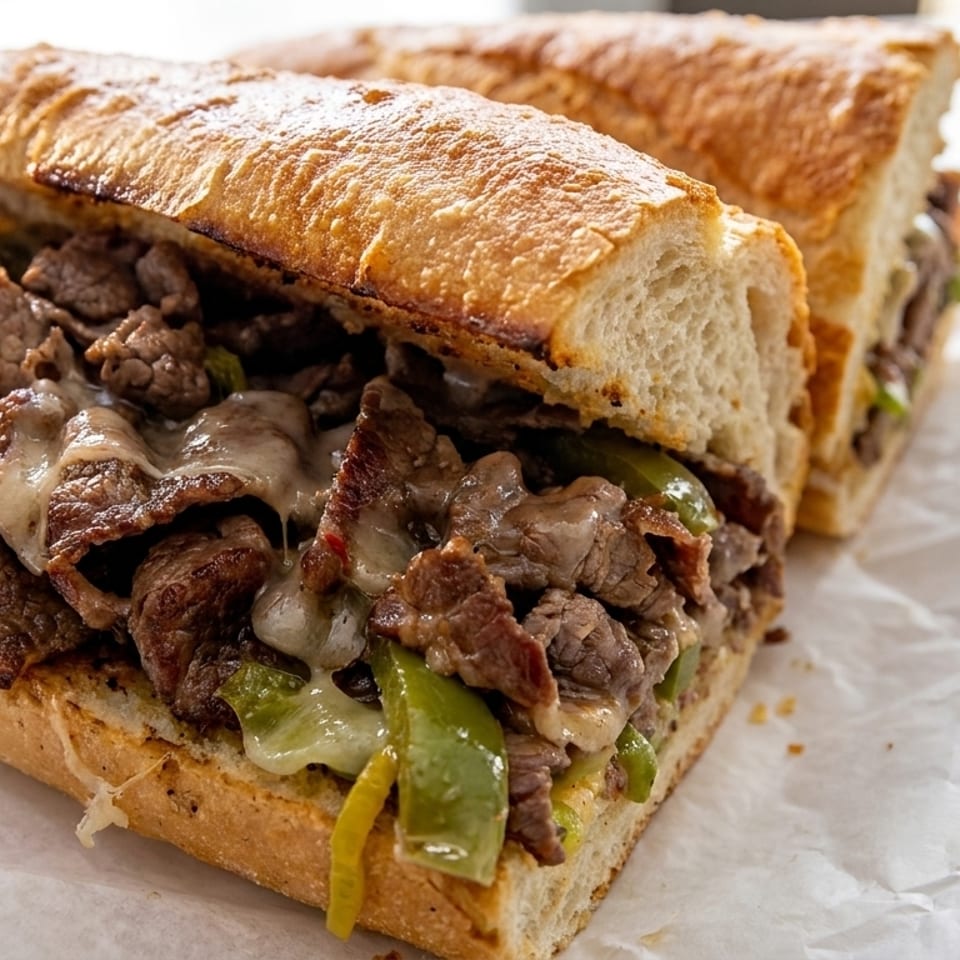 Two halves of a cheesesteak sandwich with steak, melted cheese, and green peppers on a white background.