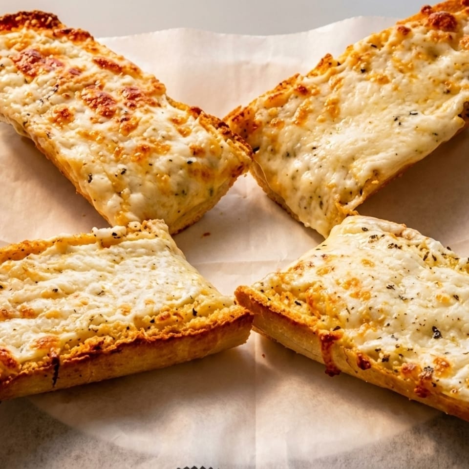 Four pieces of cheesy garlic bread with melted mozzarella and herbs on parchment paper.